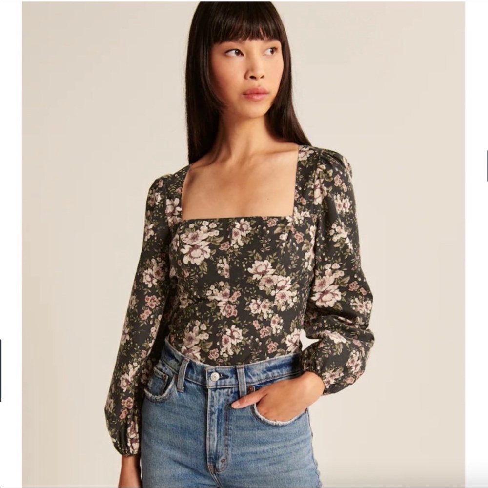 Abercrombie Floral Long-Sleeve Poplin Square-Neck Corset Top
